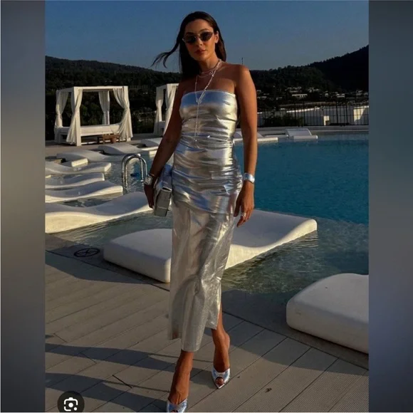 Zara The Fitted Denim bodycon silver midi dress sz.XS - Picture 9 of 16